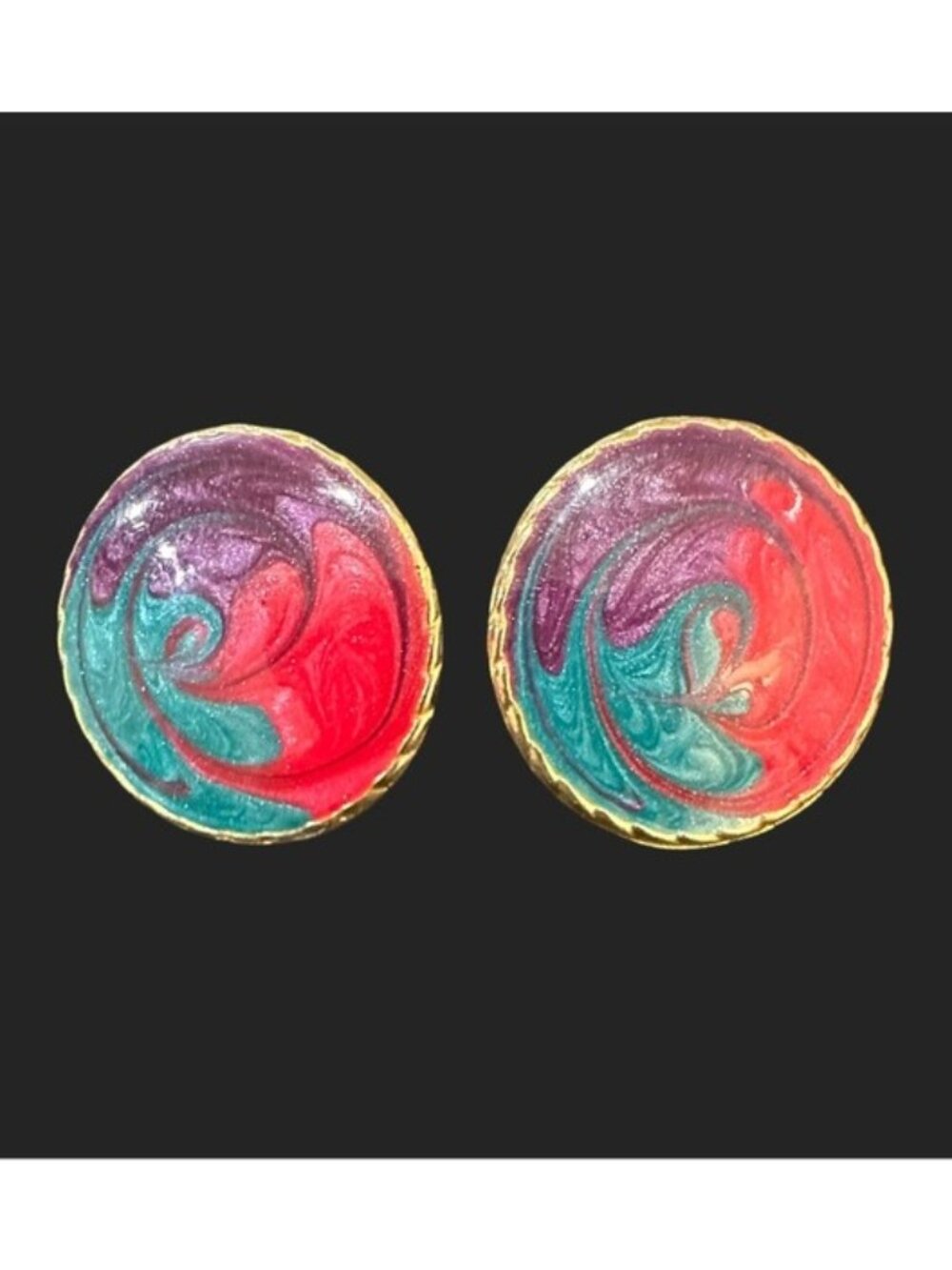Authentic Vintage 80s Enamel Earrings Gold Tone Blue Pink Purple